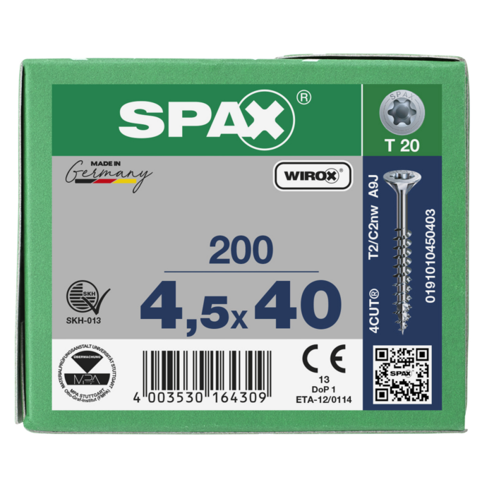 Spax spaanplaatschroeven T20 verzinkt 4.5 x 40 mm deeldraad