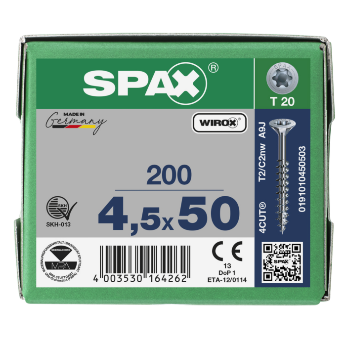 Spax spaanplaatschroeven T20 verzinkt 4.5 x 50 mm deeldraad