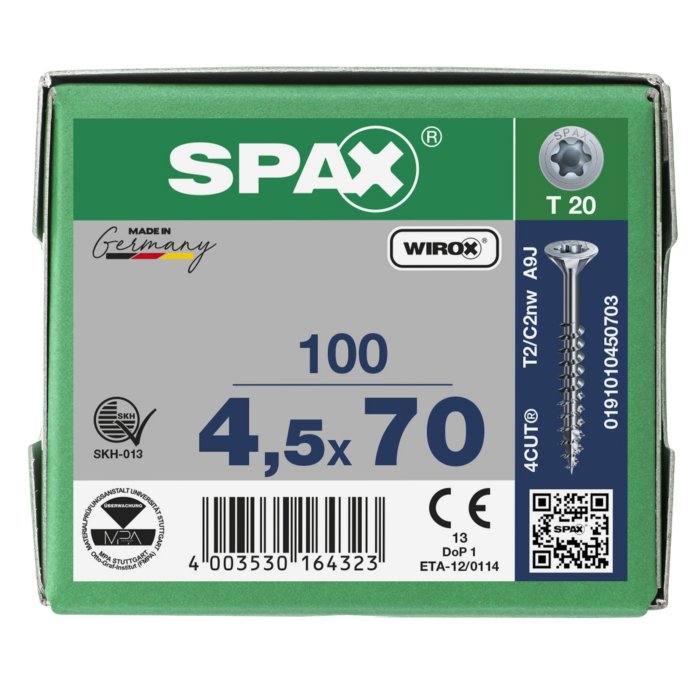 Spax spaanplaatschroeven T20 verzinkt 4.5 x 70 mm deeldraad