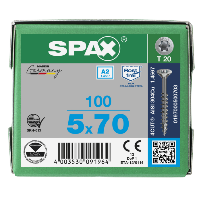 Spax spaanplaatschroeven T20 RVS A2 5 x 70 mm deeldraad