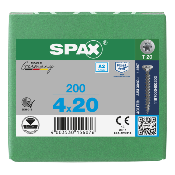 Spax spaanplaatschroeven T20 RVS A2 4 x 20 mm voldraad