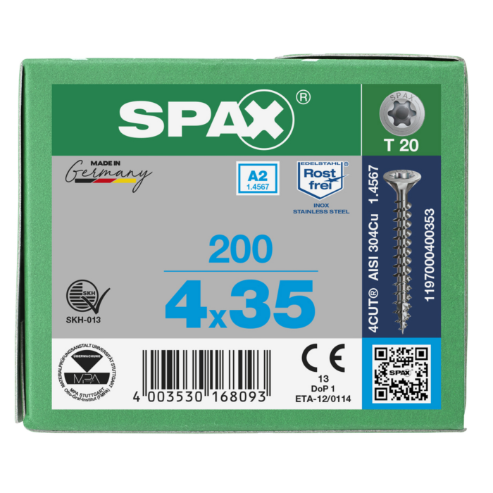 Spax spaanplaatschroeven T20 RVS A2 4 x 35 mm voldraad