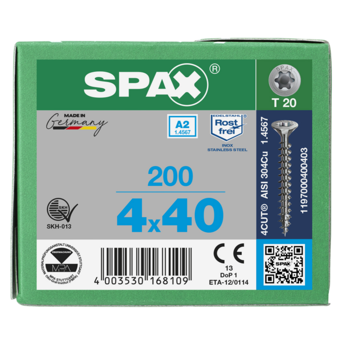 Spax spaanplaatschroeven T20 RVS A2 4 x 40 mm voldraad