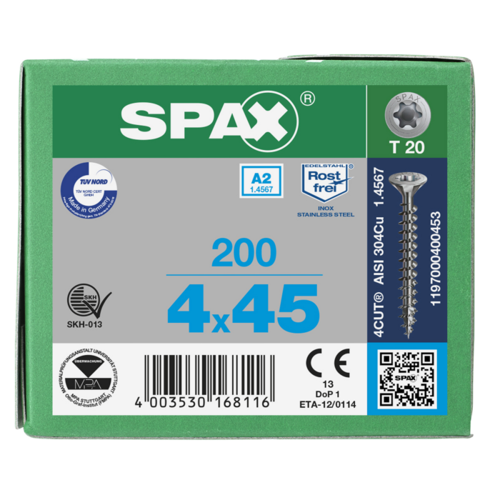 Spax spaanplaatschroeven T20 RVS A2 4 x 45 mm voldraad
