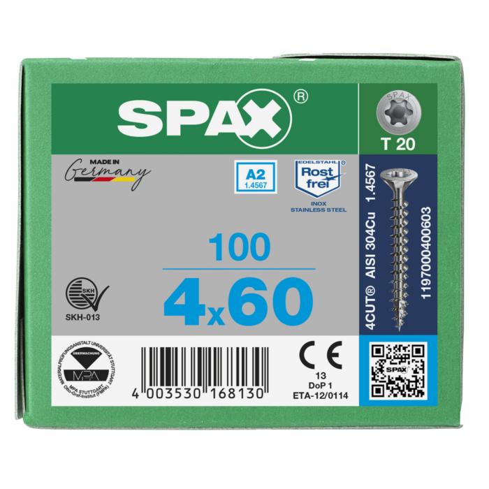 Spax spaanplaatschroeven T20 RVS A2 4 x 60 mm voldraad