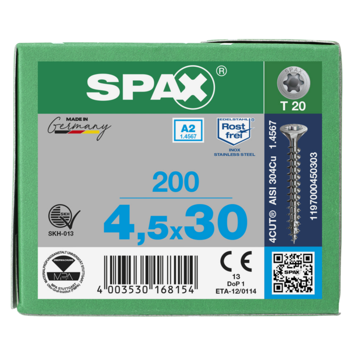 Spax spaanplaatschroeven T20 RVS A2 4.5 x 70 mm voldraad