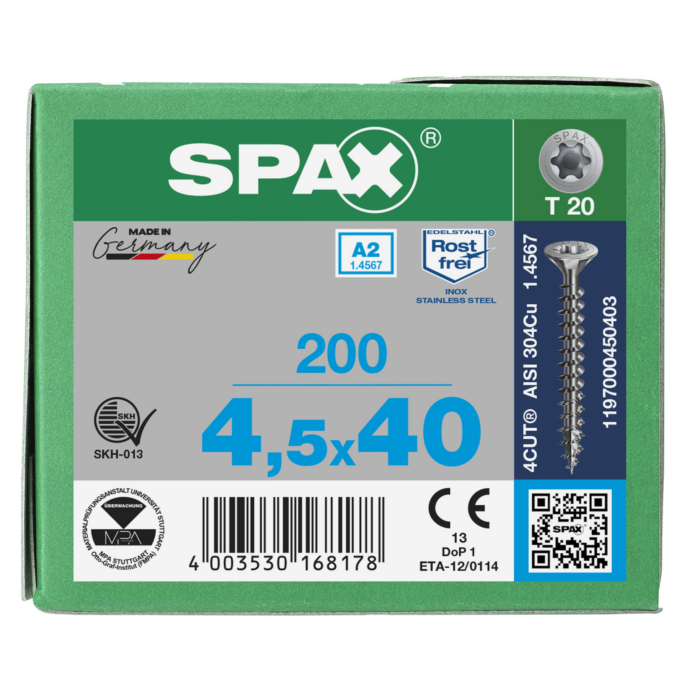 Spax spaanplaatschroeven T20 RVS A2 4.5 x 40 mm voldraad