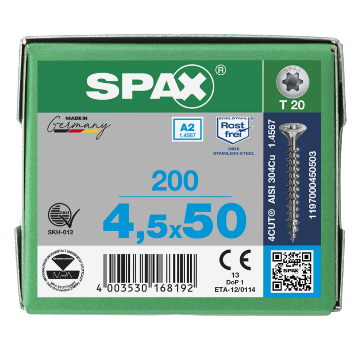 Spax spaanplaatschroeven T20 RVS A2 4.5 x 50 mm voldraad